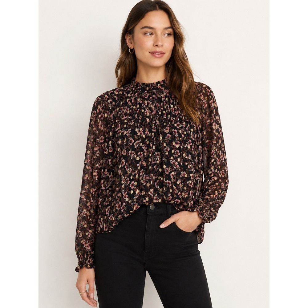 LOFT Floral Long Sleeve Pleated Mock Neck Blouse Women's Medium Black
